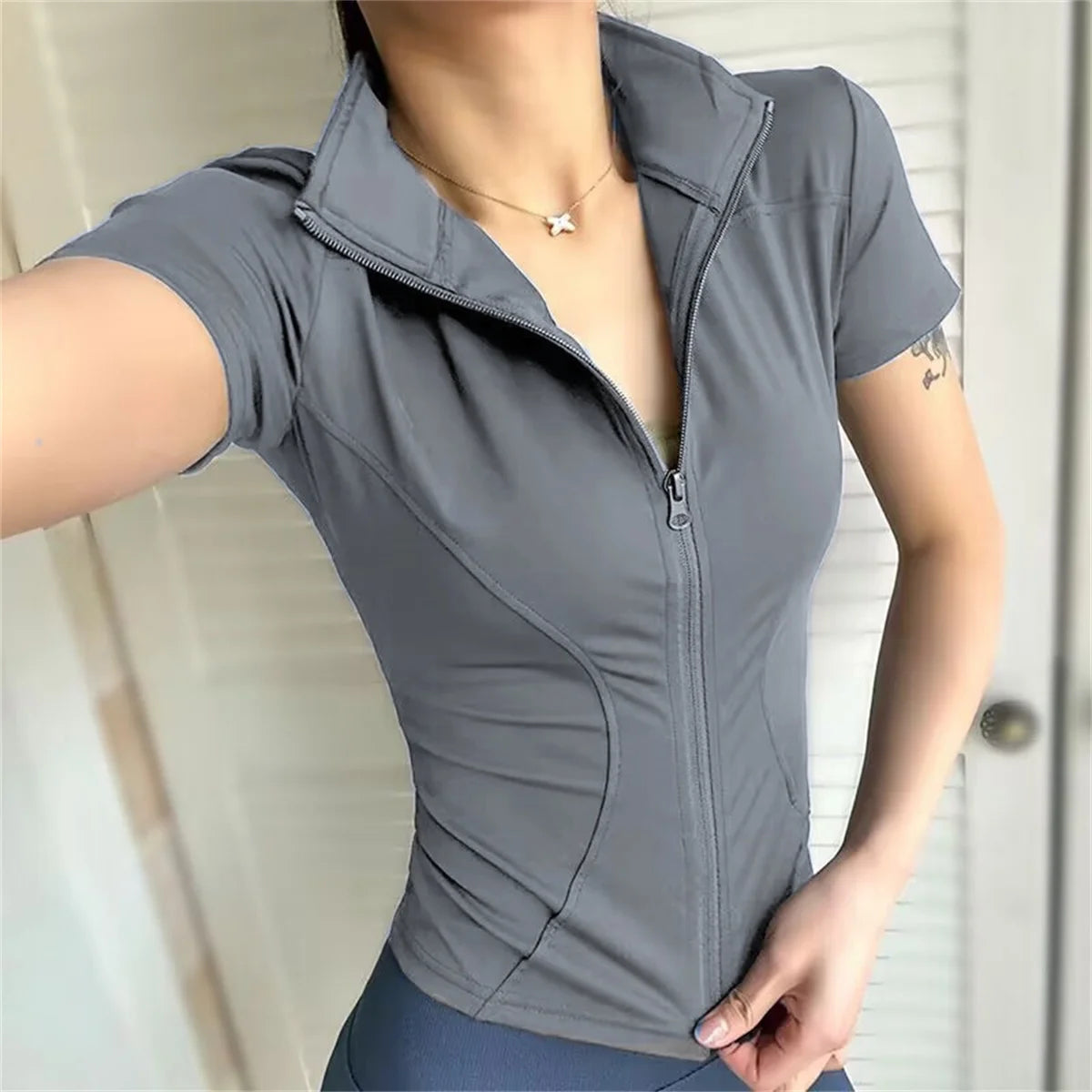 Casual Slim Sports Coat For Women Short Sleeve Solid Zipper Tops