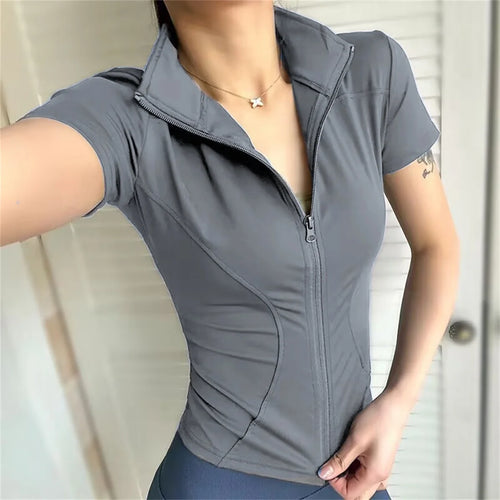 Casual Slim Sports Coat For Women Short Sleeve Solid Zipper Tops