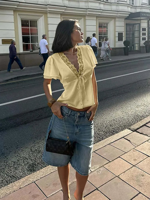 Ahagaga Causal Women Tops Solid Lace -Neck Short Sleeves Satin Slim