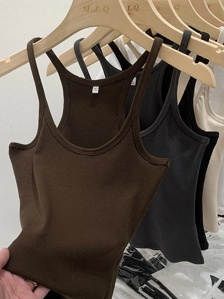 Solid Color Basic Ribbed Knitted Tank Top Women Summer Vintage