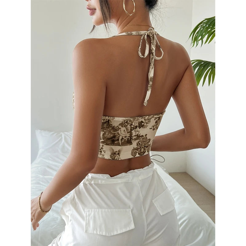 Womens Halter Sling Vest Paisley Print Neck Backless Sleeveless Tank