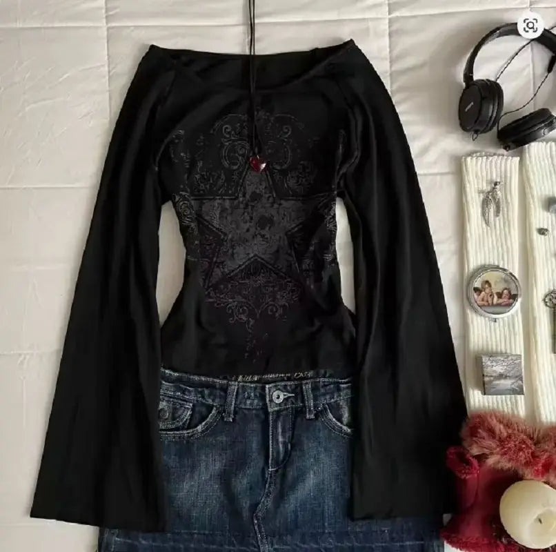Y2K Grunge Emo Pattern Top Suitable for Autumn E-Girls Millennium