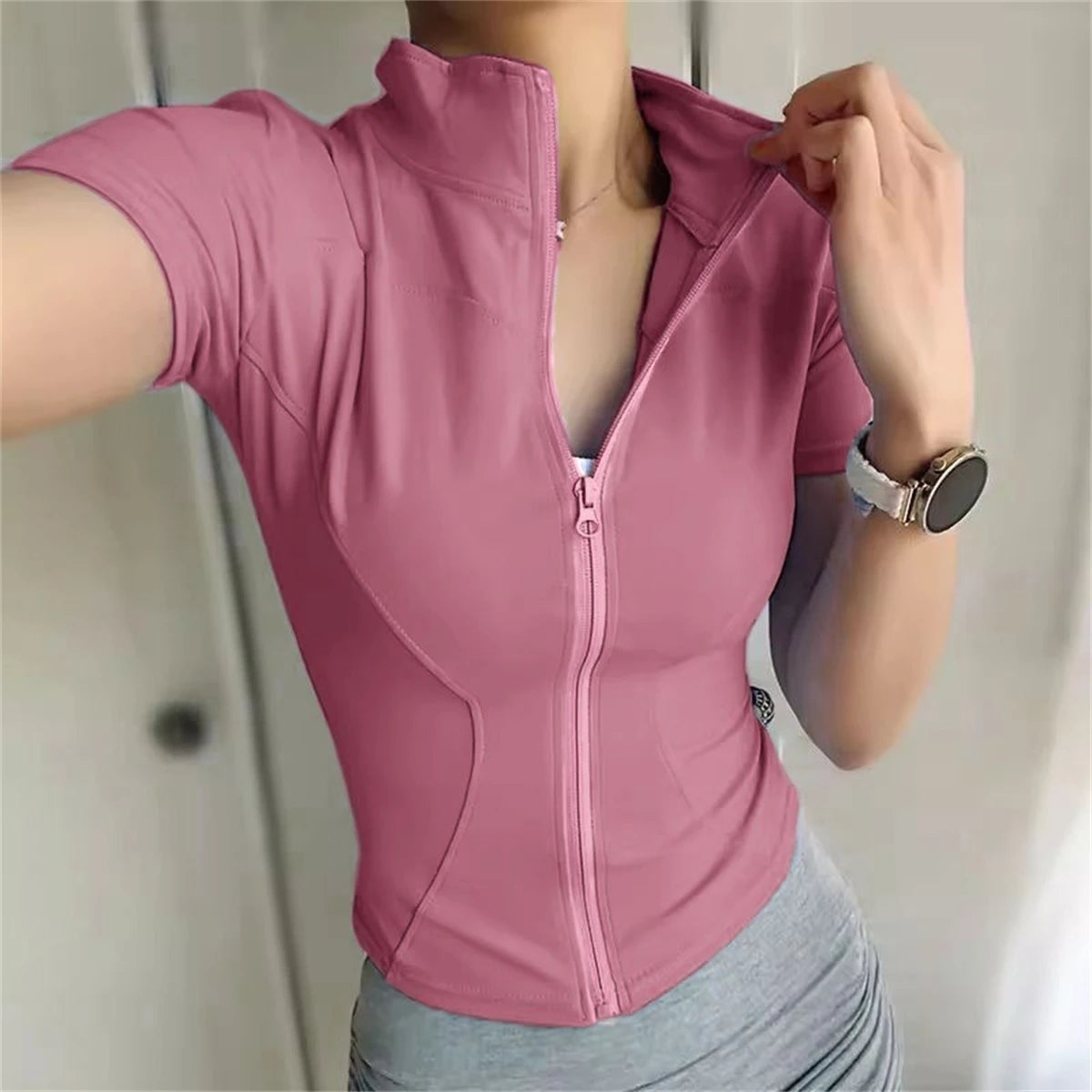 Casual Slim Sports Coat For Women Short Sleeve Solid Zipper Tops