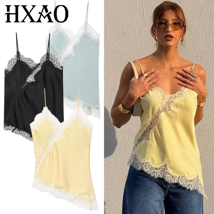 HXAO 2025 Woman Asymmetrical Slip Top Women Sexy Black Yellow Blue Top