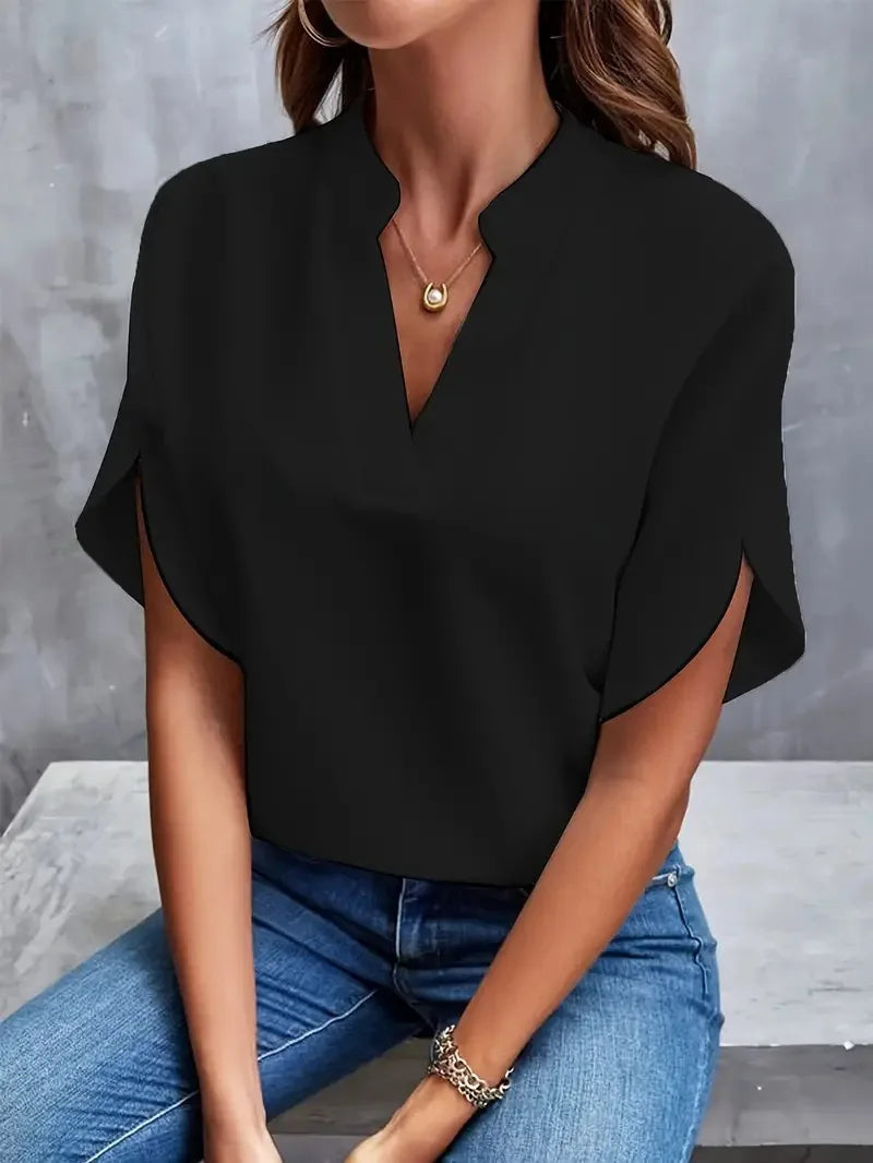VEITCHE Summer Women Casual Solid Blouse Women Fashion V-neck Half
