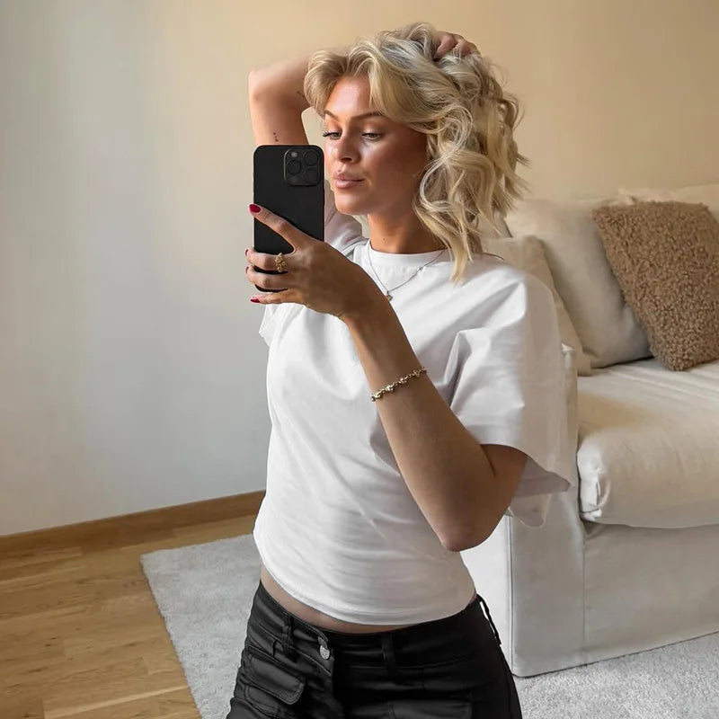 Fashion Casual Solid Gray Cropped T-shirt 2025 Woman Clothes O-neck