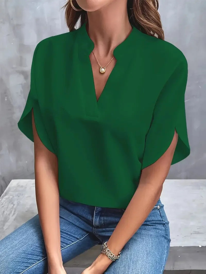 VEITCHE Summer Women Casual Solid Blouse Women Fashion V-neck Half