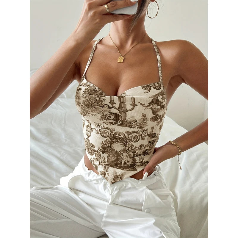Womens Halter Sling Vest Paisley Print Neck Backless Sleeveless Tank