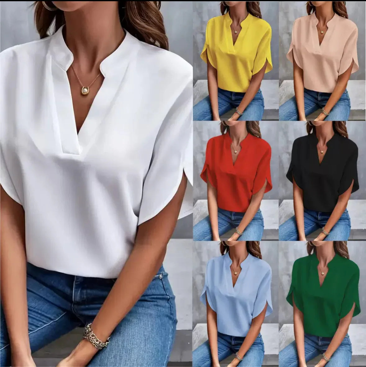 VEITCHE Summer Women Casual Solid Blouse Women Fashion V-neck Half