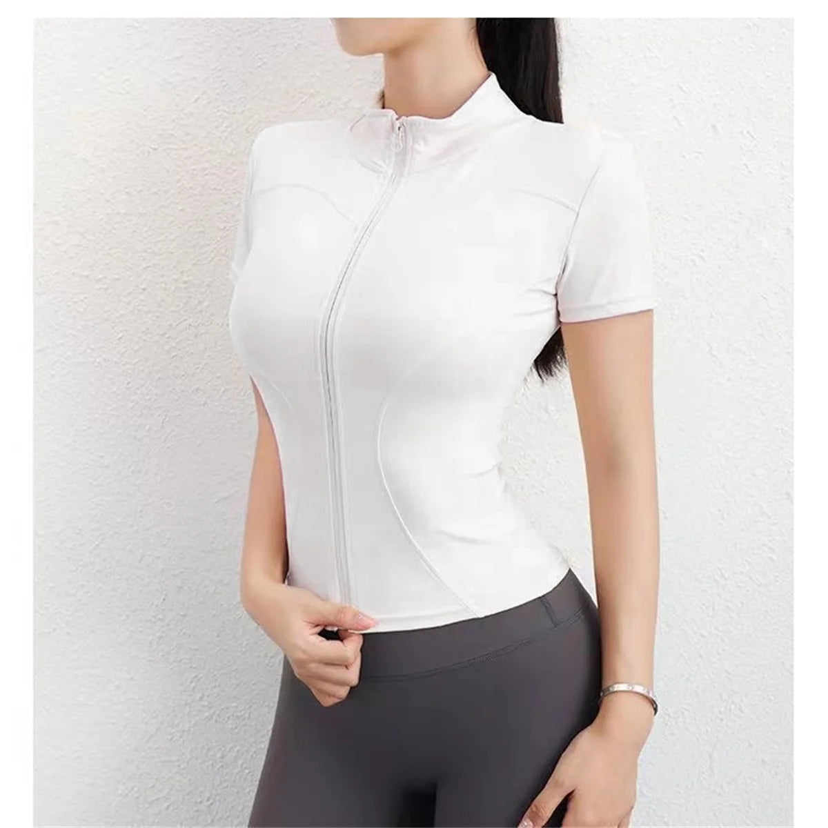 Casual Slim Sports Coat For Women Short Sleeve Solid Zipper Tops