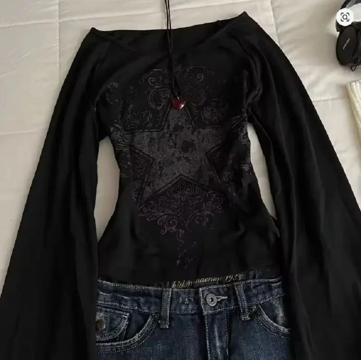 Y2K Grunge Emo Pattern Top Suitable for Autumn E-Girls Millennium