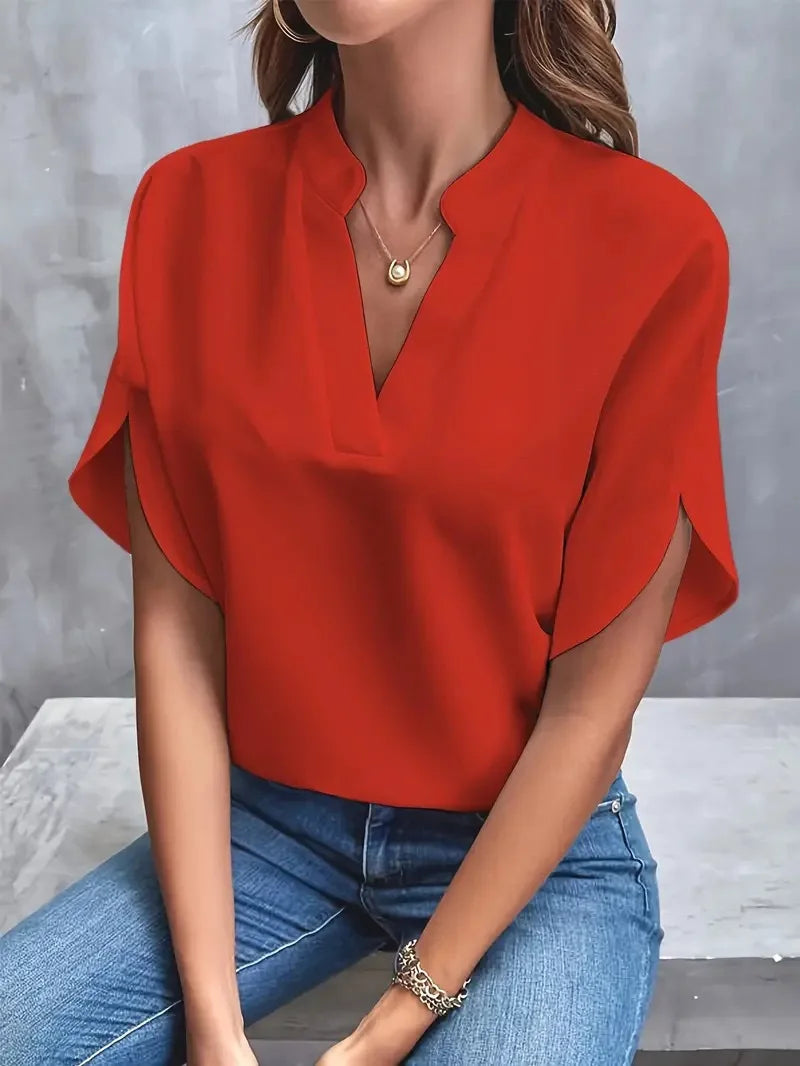 VEITCHE Summer Women Casual Solid Blouse Women Fashion V-neck Half