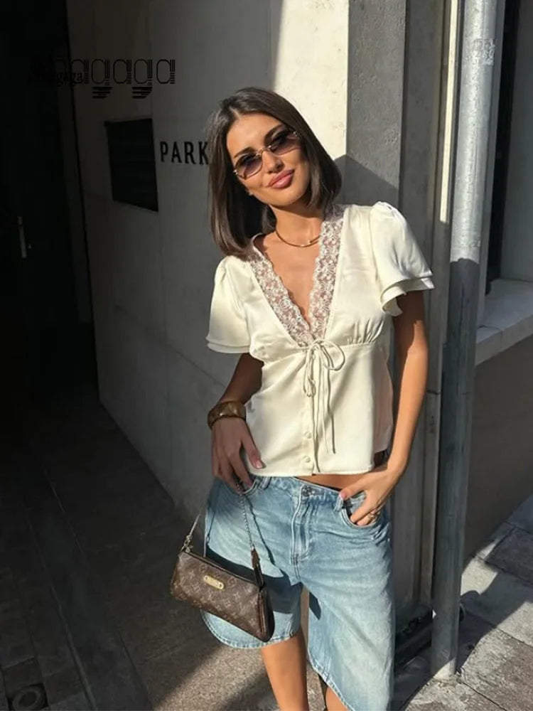Ahagaga Causal Women Tops Solid Lace -Neck Short Sleeves Satin Slim