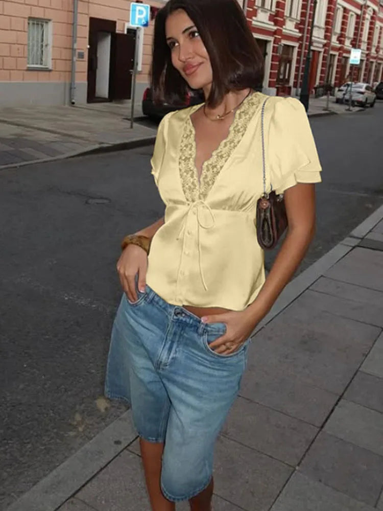 Ahagaga Causal Women Tops Solid Lace -Neck Short Sleeves Satin Slim