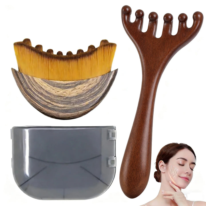 Lymphatic Contour Face Brush & Wooden Meridian Massage Comb