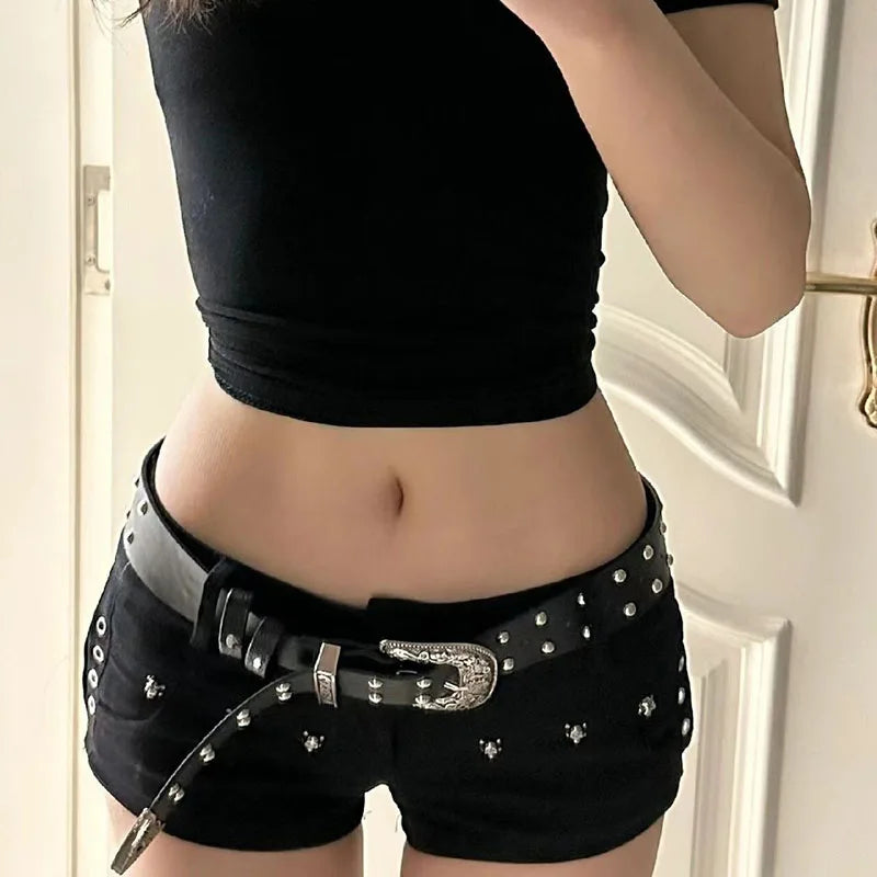 Black Sexy Low Waist Y2K Jean Shorts Woman Punk Gothic Popular Denim