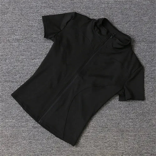 Casual Slim Sports Coat For Women Short Sleeve Solid Zipper Tops