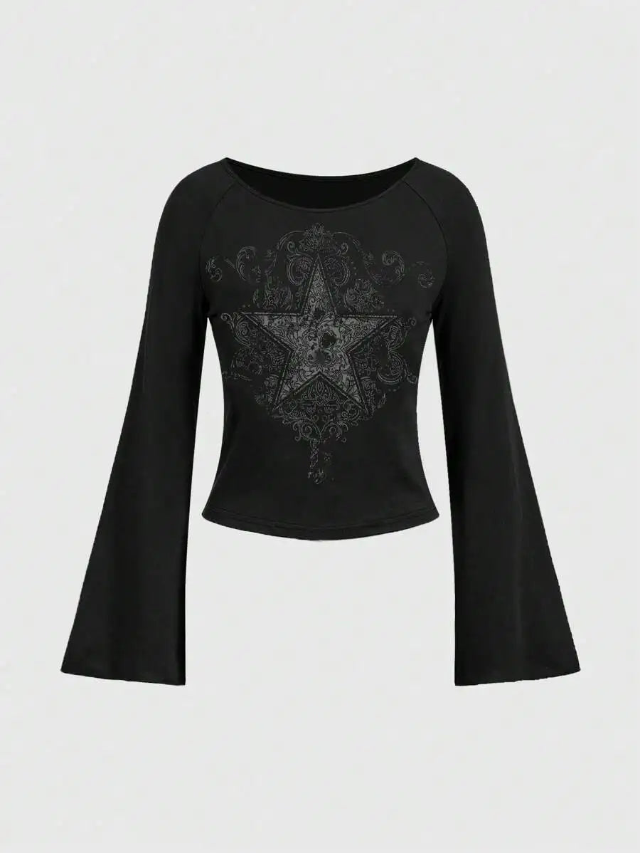 Y2K Grunge Emo Pattern Top Suitable for Autumn E-Girls Millennium