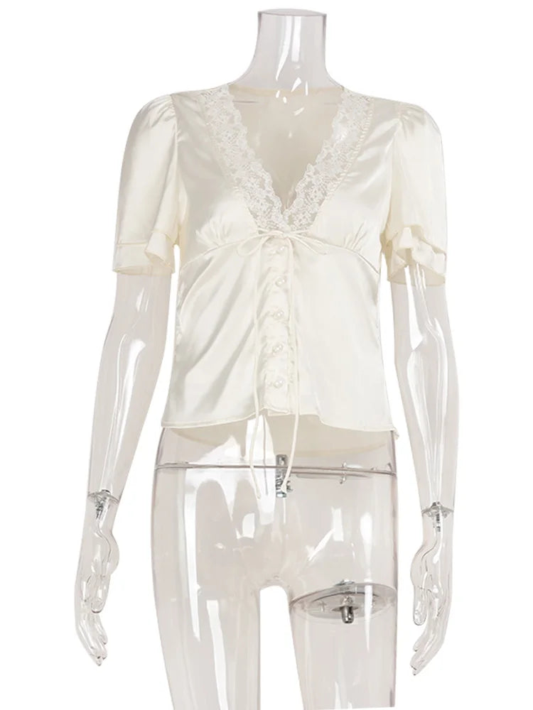 Ahagaga Causal Women Tops Solid Lace -Neck Short Sleeves Satin Slim