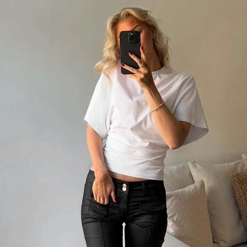 Fashion Casual Solid Gray Cropped T-shirt 2025 Woman Clothes O-neck