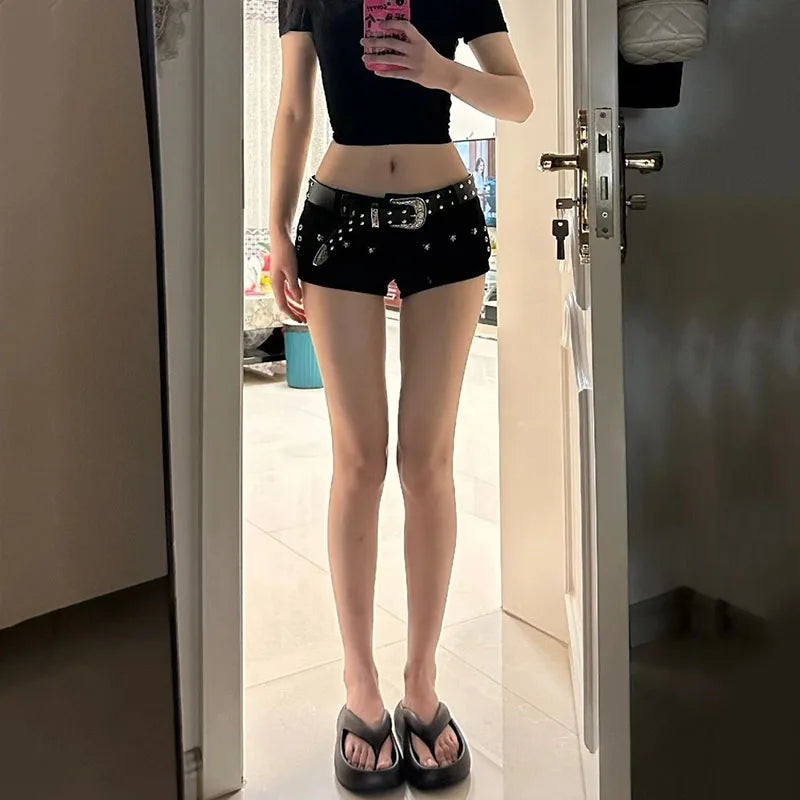 Black Sexy Low Waist Y2K Jean Shorts Woman Punk Gothic Popular Denim